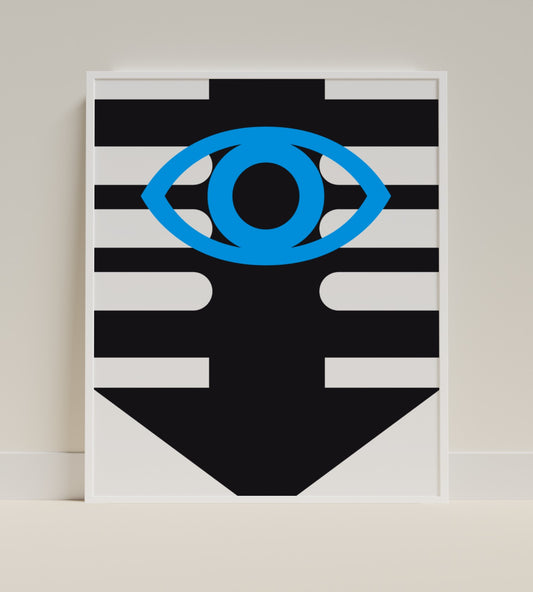 Abstract Blue Eye on Black and White Stripes Artwork