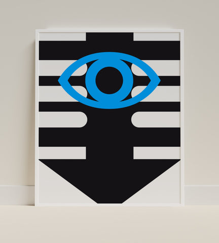 Abstract Blue Eye on Black and White Stripes Artwork