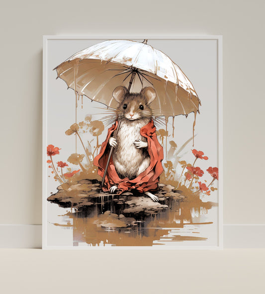 Mouse Holding Umbrella Art Print with Floral Background