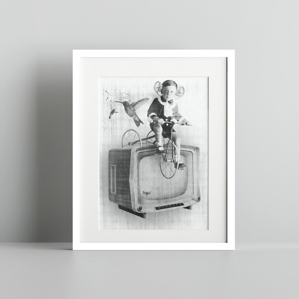 Surreal Black and White Art Print of Child on Television