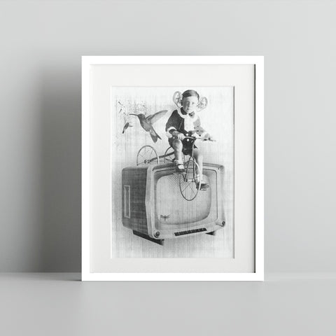 Surreal Black and White Art Print of Child on Television