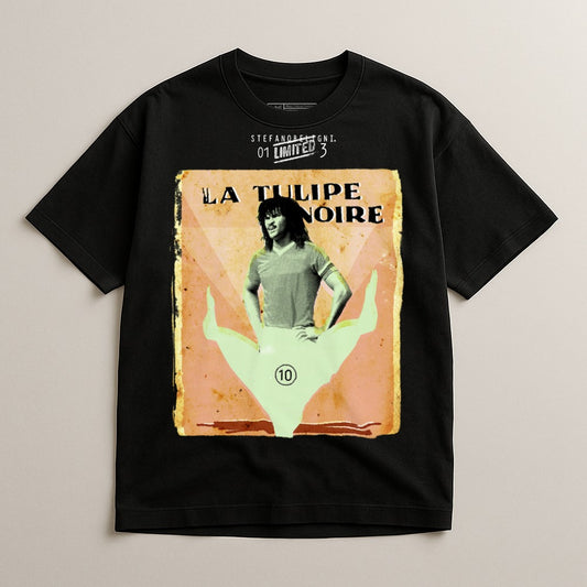 Black t-shirt with "La Tulipe Noire" and a graphic of a person.