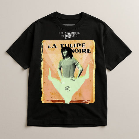 Black t-shirt with "La Tulipe Noire" and a graphic of a person.