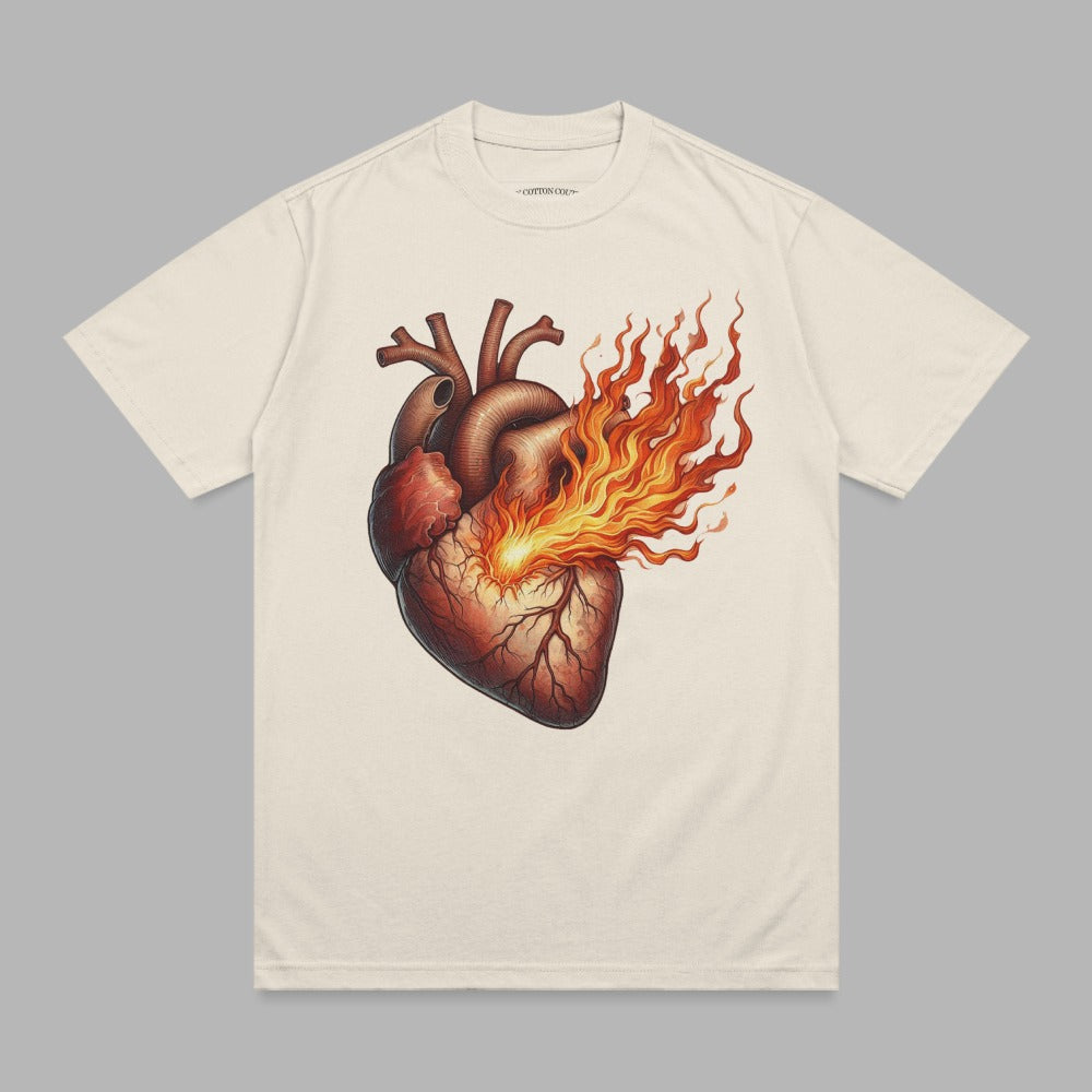 Flaming Human Heart Art Print Design Cream T-shirt