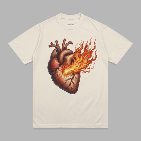 Flaming Human Heart Art Print Design Cream T-shirt