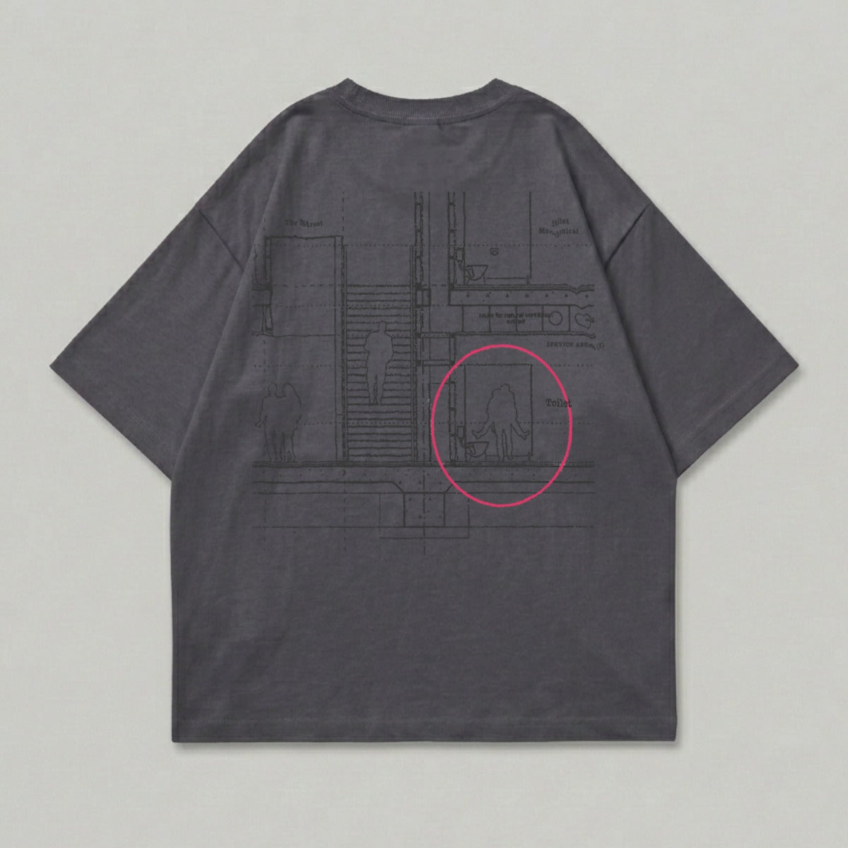 Dark grey t-shirt with a blueprint-style graphic of figures in a hallway and restroom.