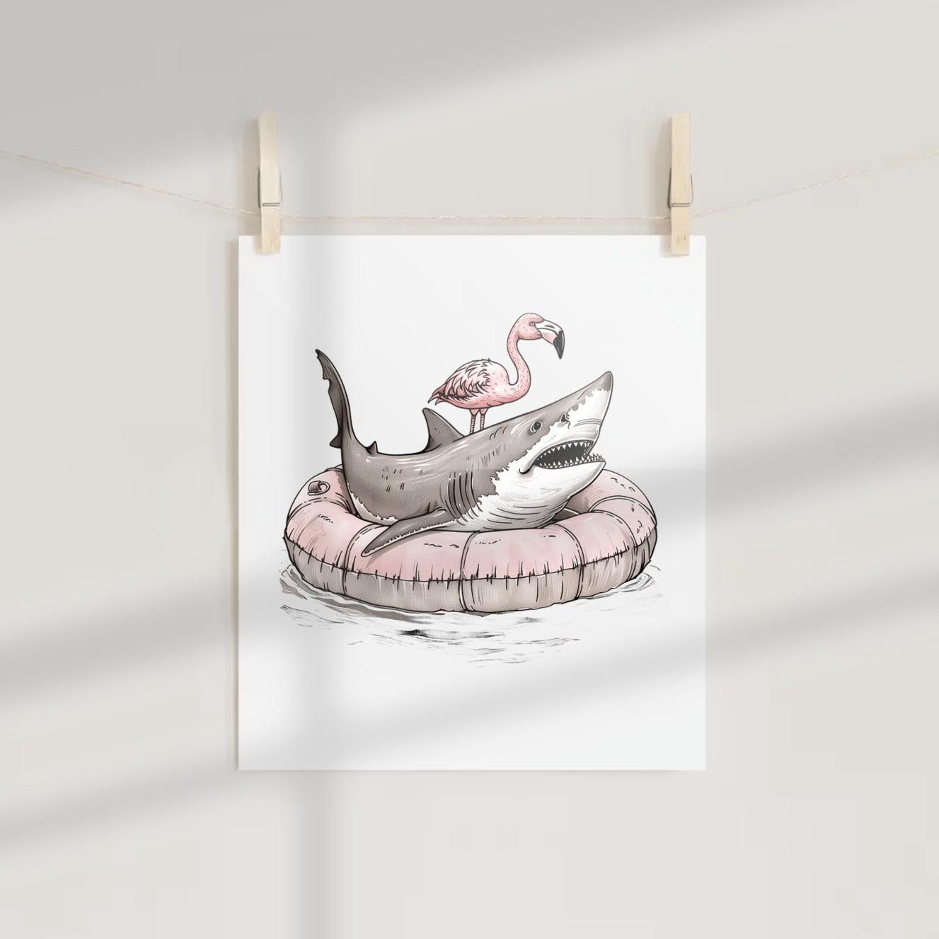 Flamingo and Shark Floating Print Wall Art Decor