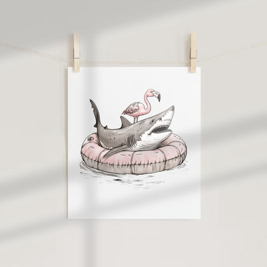 Flamingo and Shark Floating Print Wall Art Decor