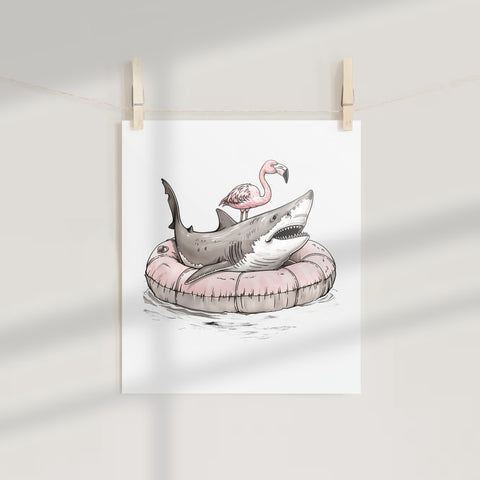 Flamingo and Shark Floating Print Wall Art Decor
