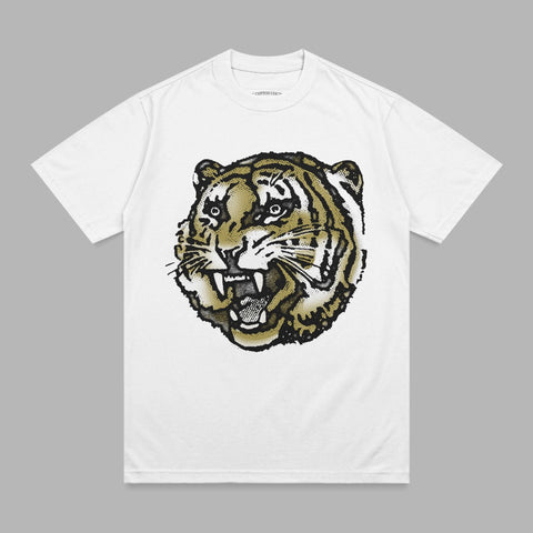 White t-shirt with a fierce tiger head illustration on the chest.