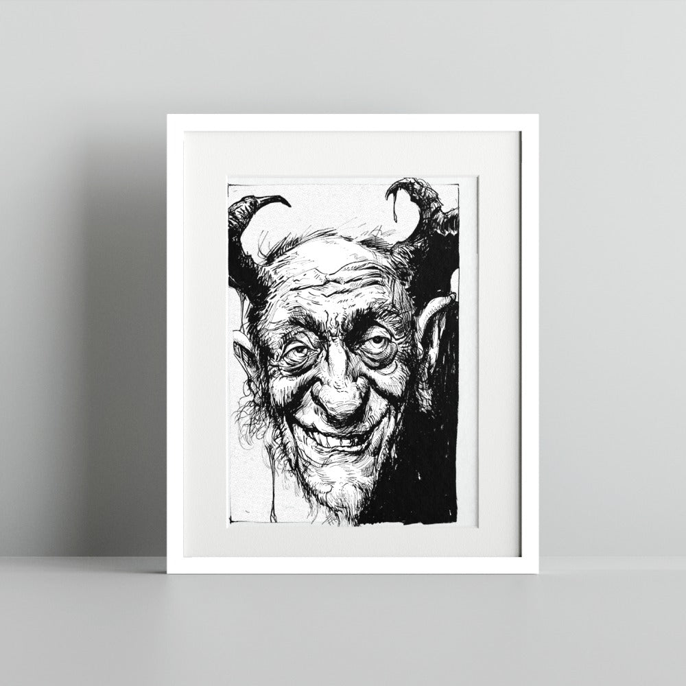 Creepy Smiling Demon Art Print in Black Frame