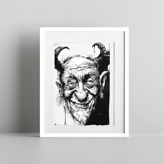 Creepy Smiling Demon Art Print in Black Frame