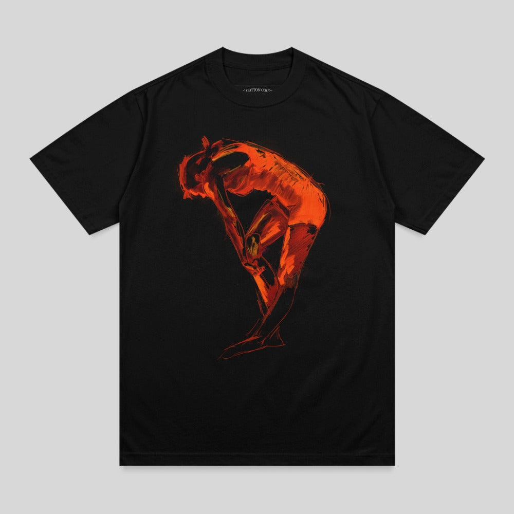 Black background vibrant orange figure design product type