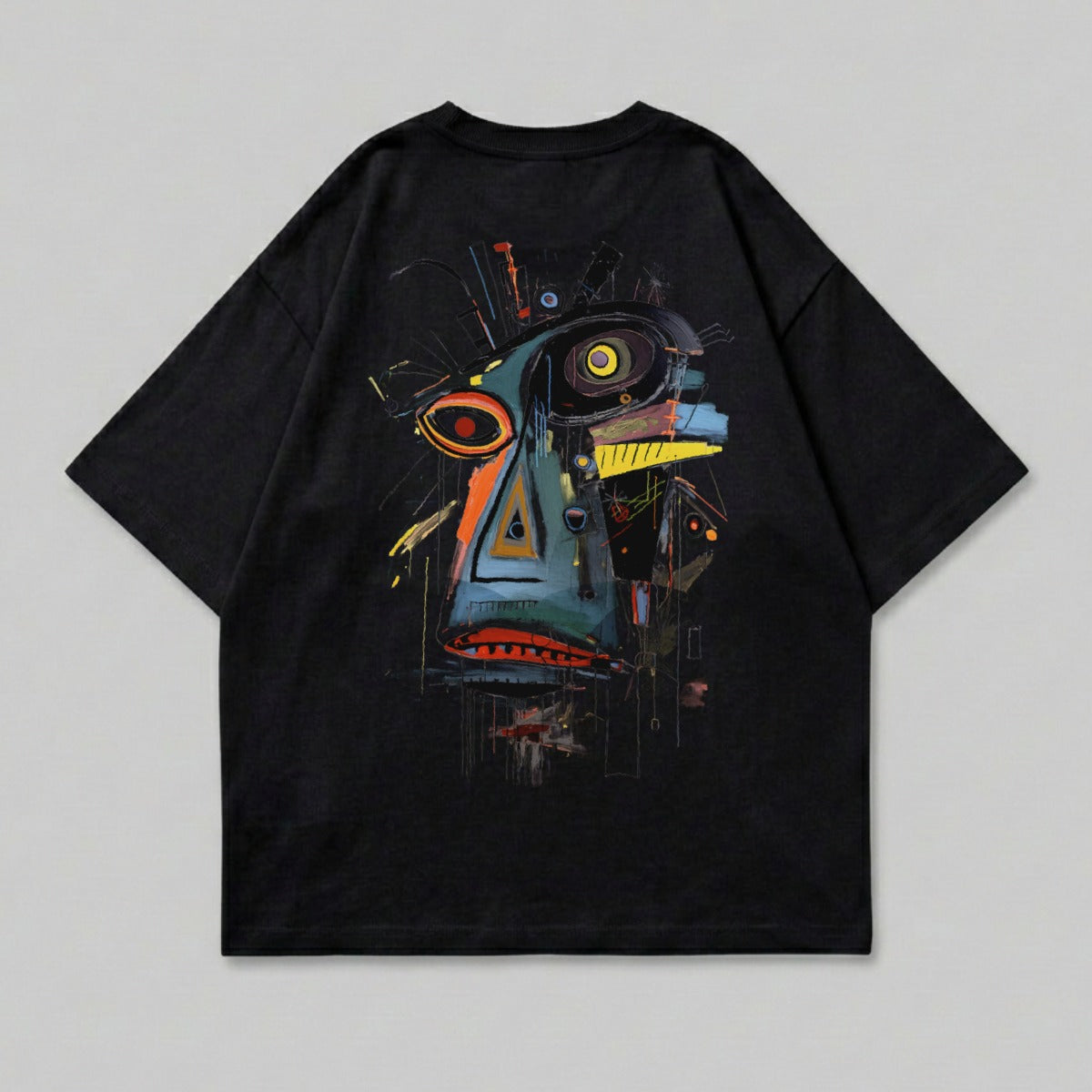 Black shirt vibrant abstract face back print product type