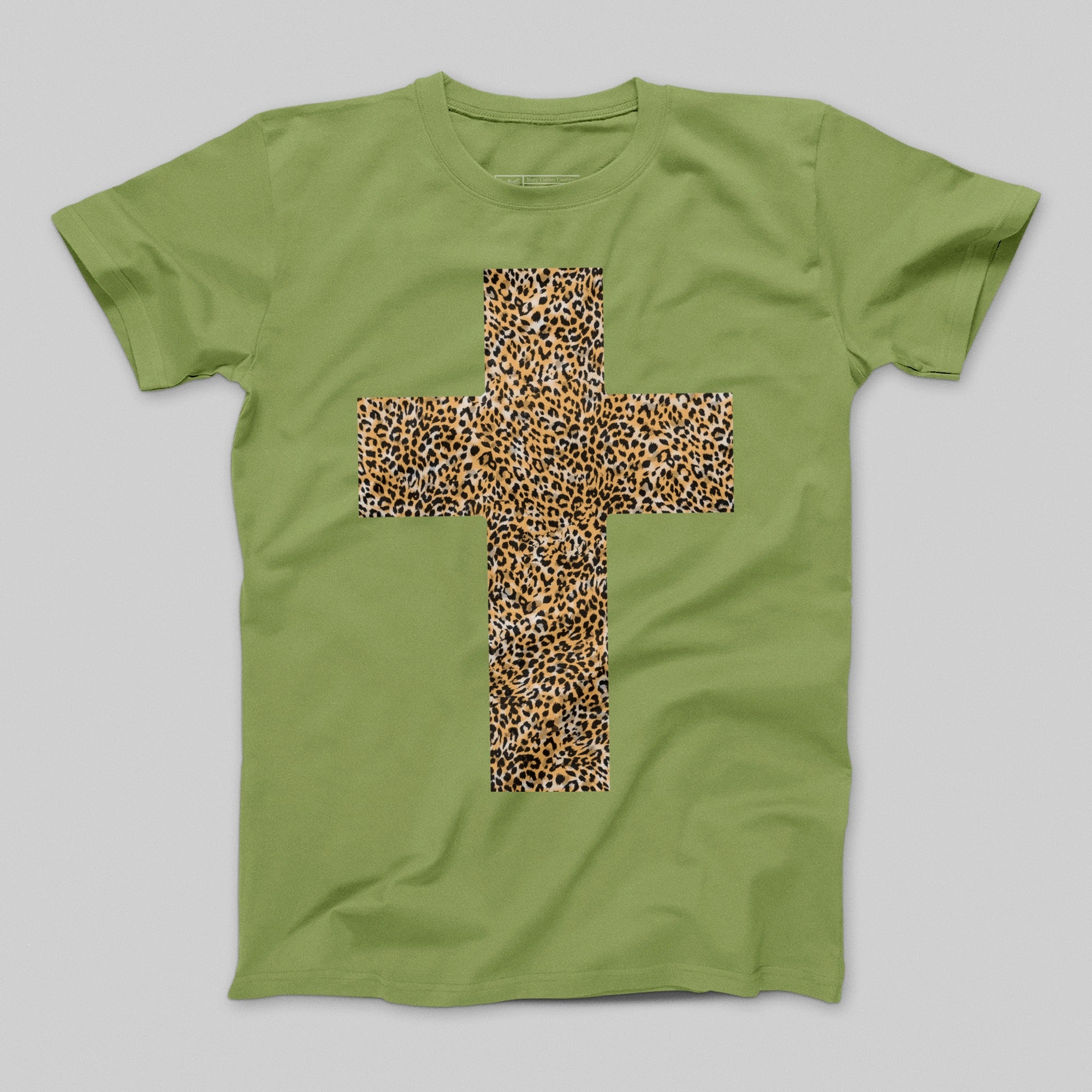 Green T-shirt with Leopard Print Cross graphic