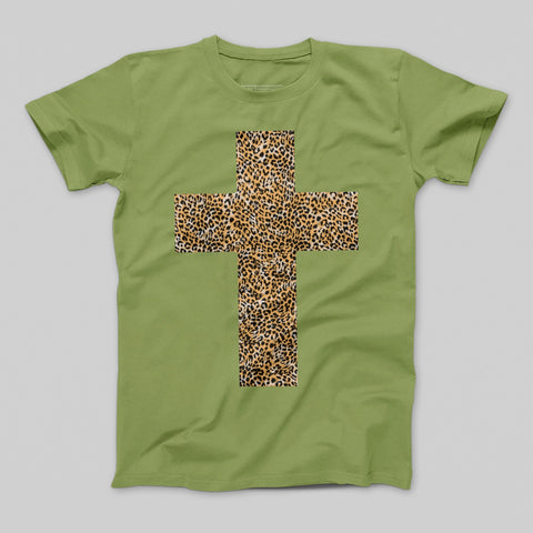 Green T-shirt with Leopard Print Cross graphic