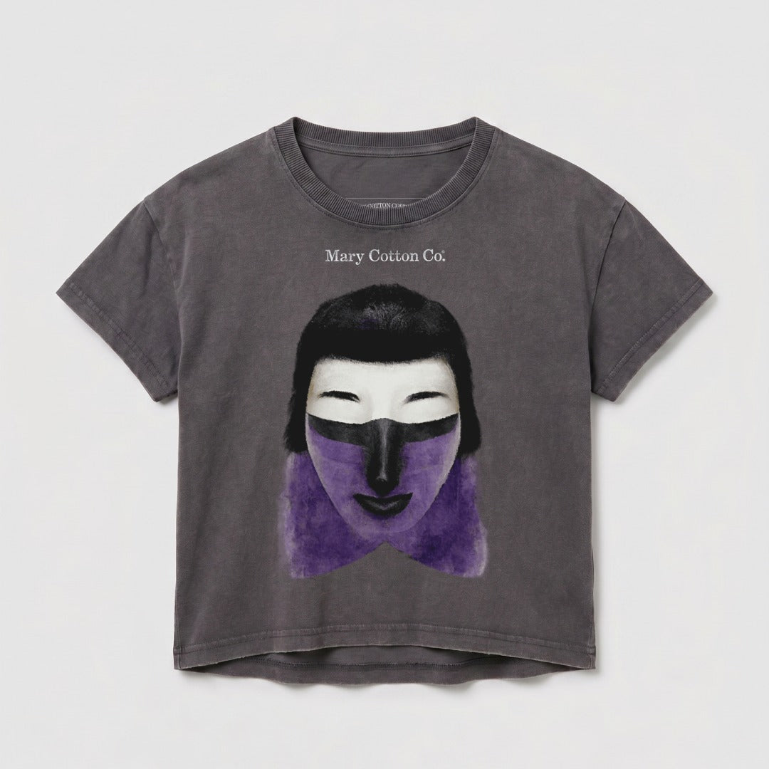 Gray t-shirt with a painted abstract face graphic and "Mary Cotton Co." text.