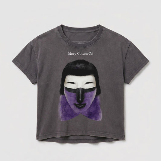 Gray t-shirt with a painted abstract face graphic and "Mary Cotton Co." text.