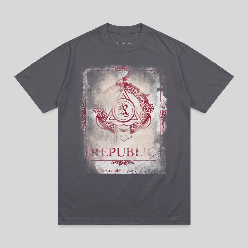 T-shirt with distressed circular logo featuring "REPUBLIC" text.