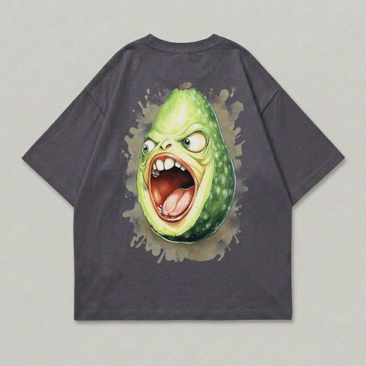 Illustration of a screaming avocado with wide eyes and mouth on a dark t-shirt.