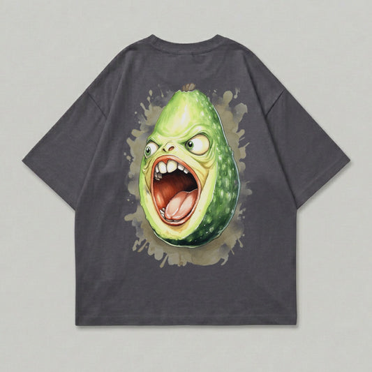 Illustration of a screaming avocado with wide eyes and mouth on a dark t-shirt.