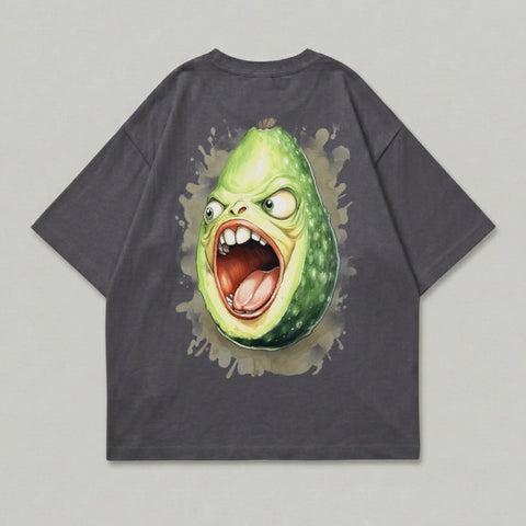 Illustration of a screaming avocado with wide eyes and mouth on a dark t-shirt.
