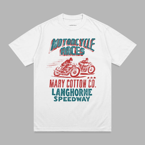 T-shirt featuring two motorcyclists racing with "MOTORCYCLE RACES MARY COTTON CO. LANGHORNE SPEEDWAY" text.