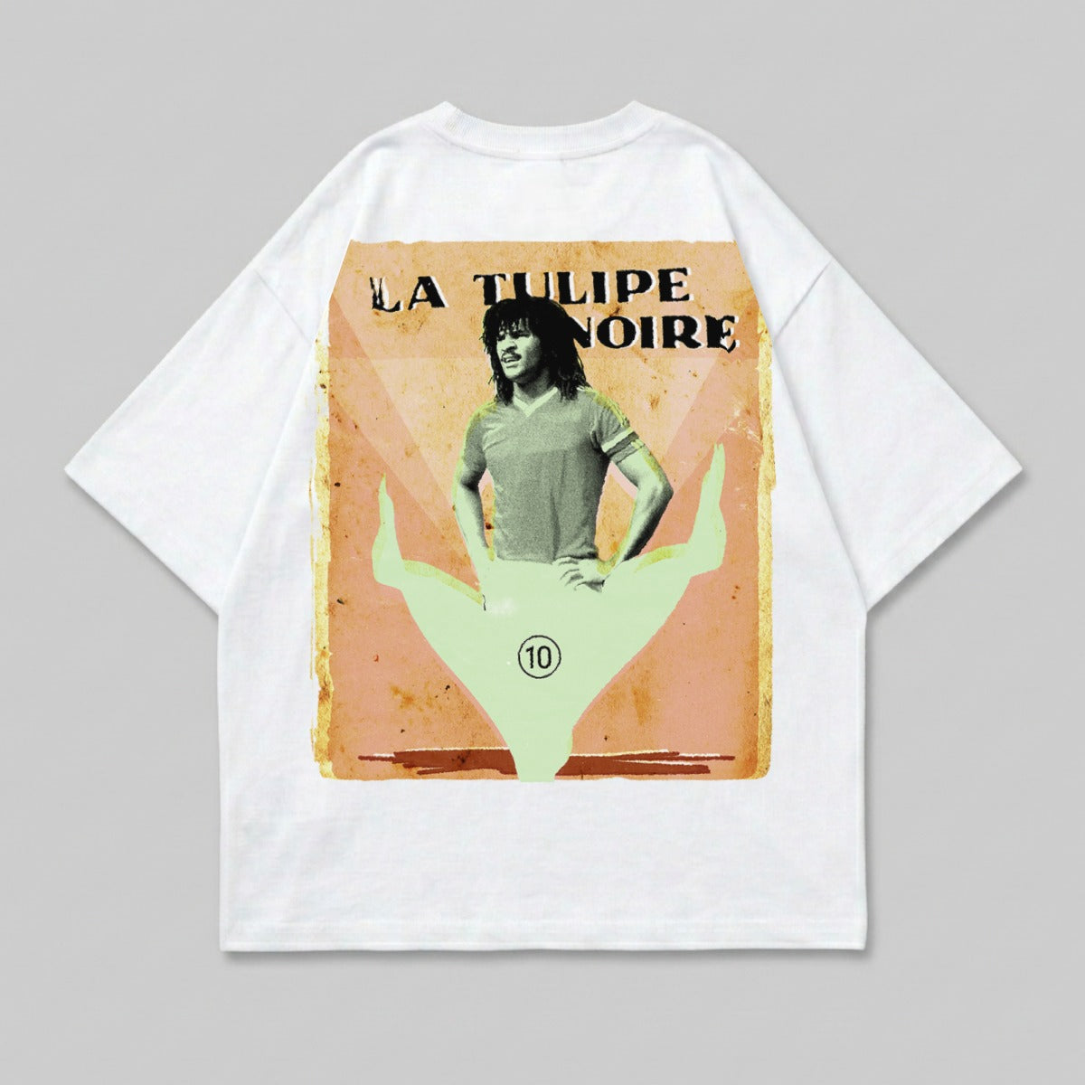 White t-shirt with graphic of man and "LA TULIPE NOIRE" text.