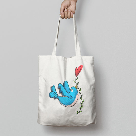 Blue Bird with Red Heart Tote Bag for Eco-Friendly Shopping