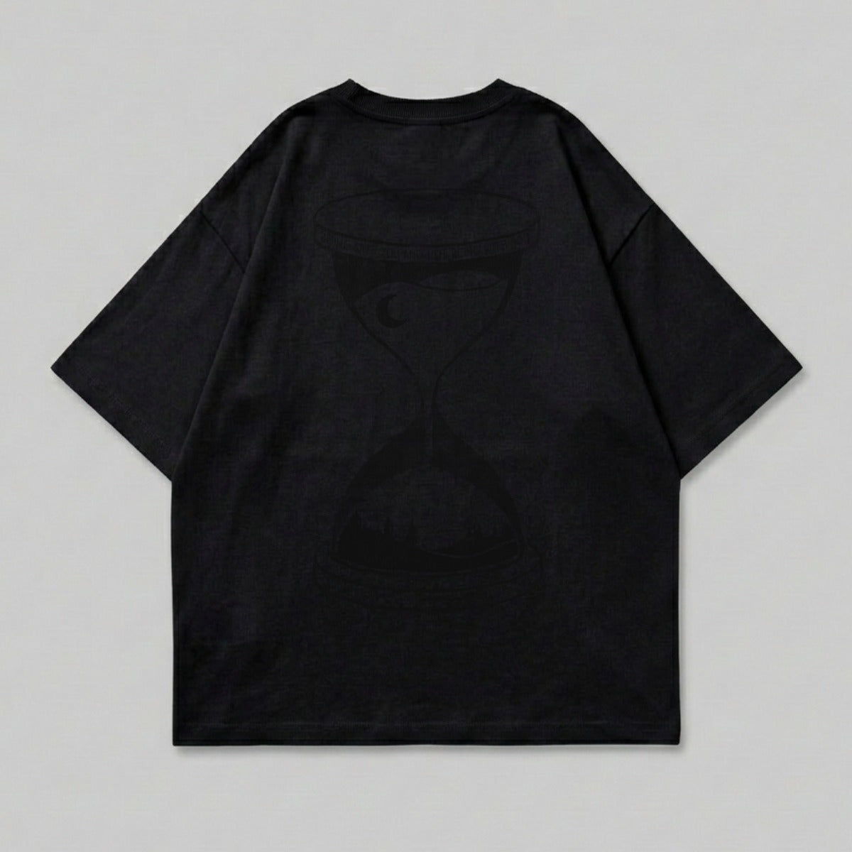 Black t-shirt with a dark hourglass graphic on the back.
