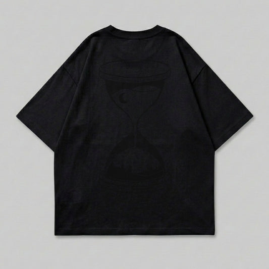 Black t-shirt with a dark hourglass graphic on the back.