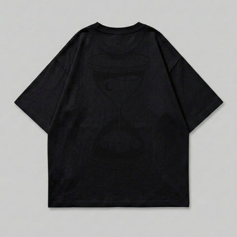 Black t-shirt with a dark hourglass graphic on the back.