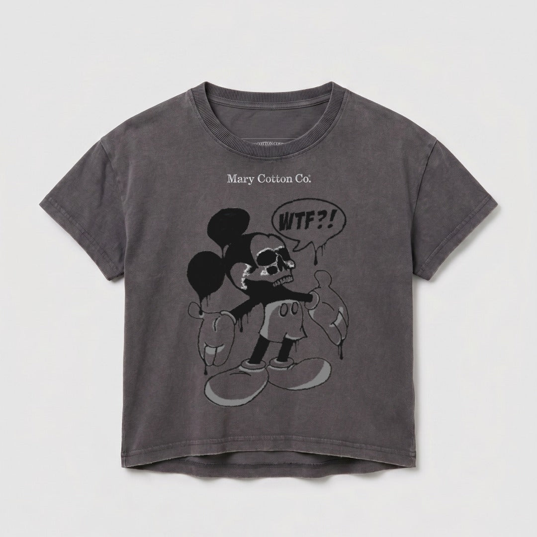 Dark gray t-shirt with distressed Mickey Mouse graphic saying "WTF?!".
