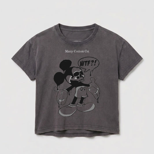 Dark gray t-shirt with distressed Mickey Mouse graphic saying "WTF?!".