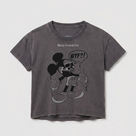 Dark gray t-shirt with distressed Mickey Mouse graphic saying "WTF?!".