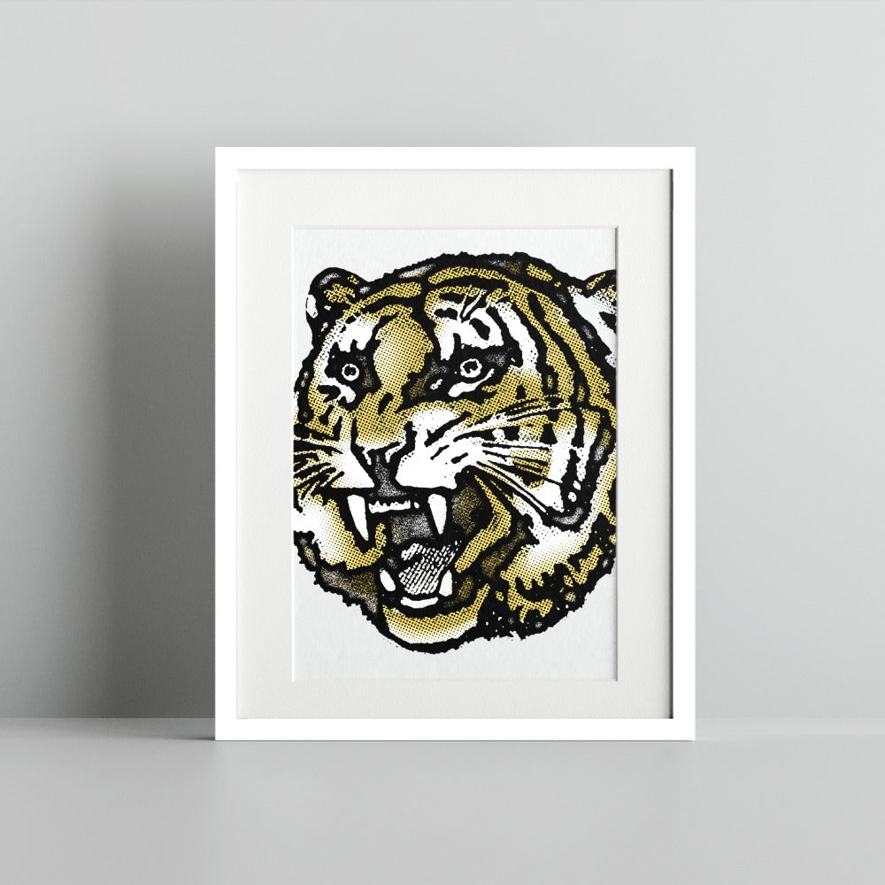 Fierce Tiger Face Art Print with White Frame