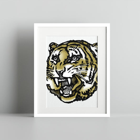 Fierce Tiger Face Art Print with White Frame