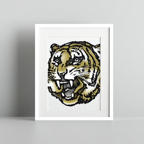 Fierce Tiger Face Art Print with White Frame