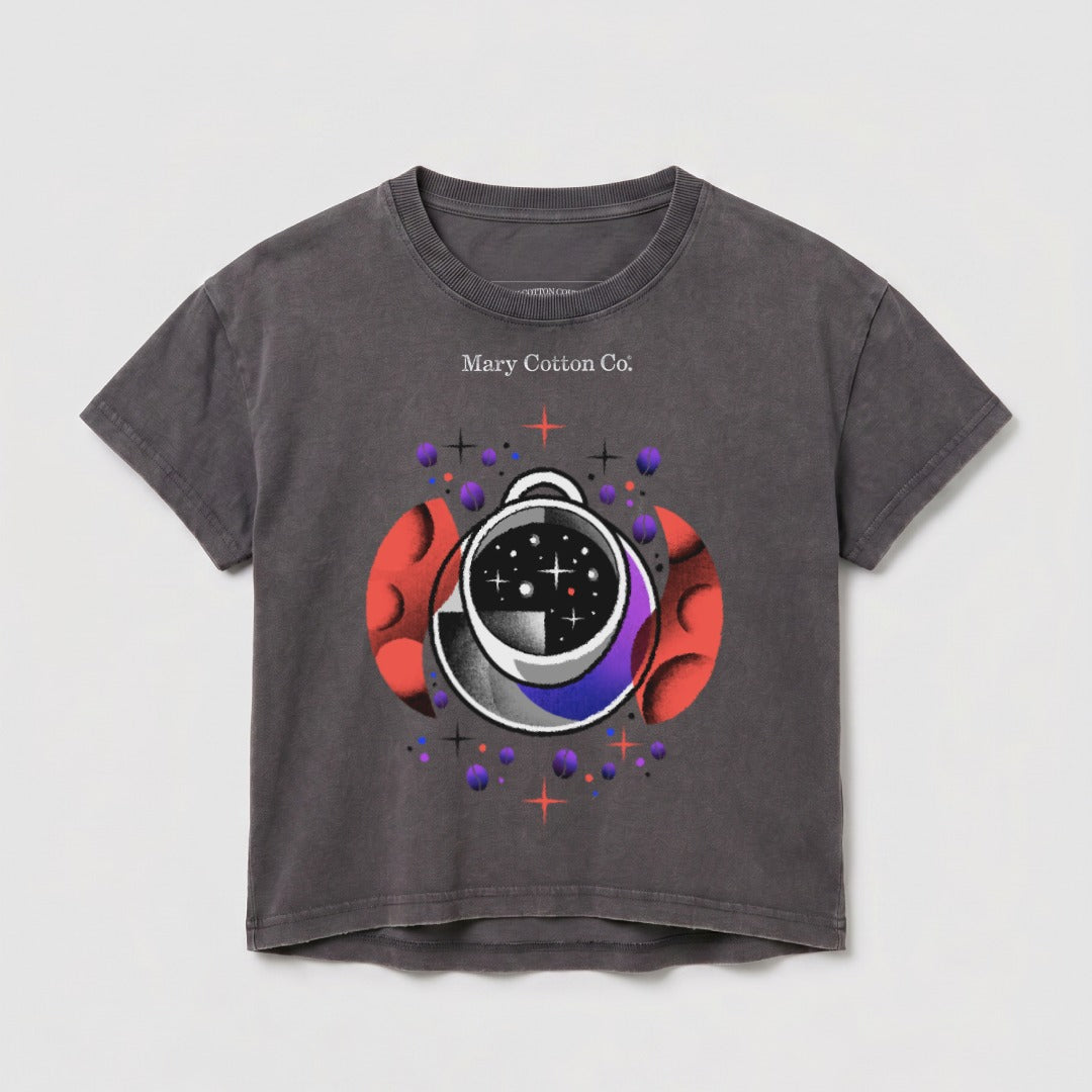 Gray t-shirt featuring a celestial-themed graphic with abstract planets and stars.