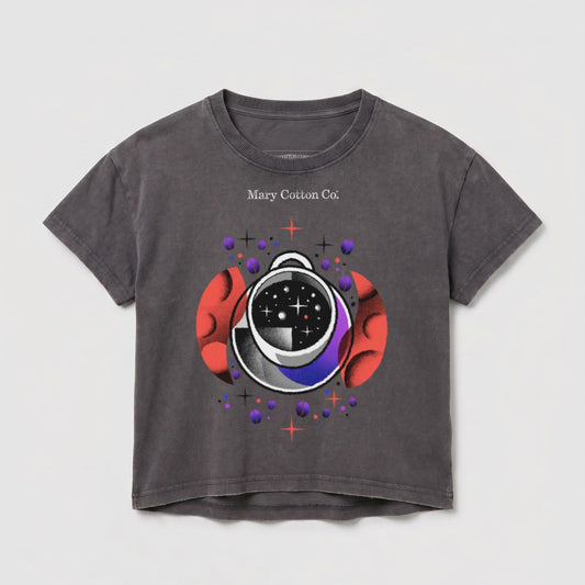 Gray t-shirt featuring a celestial-themed graphic with abstract planets and stars.