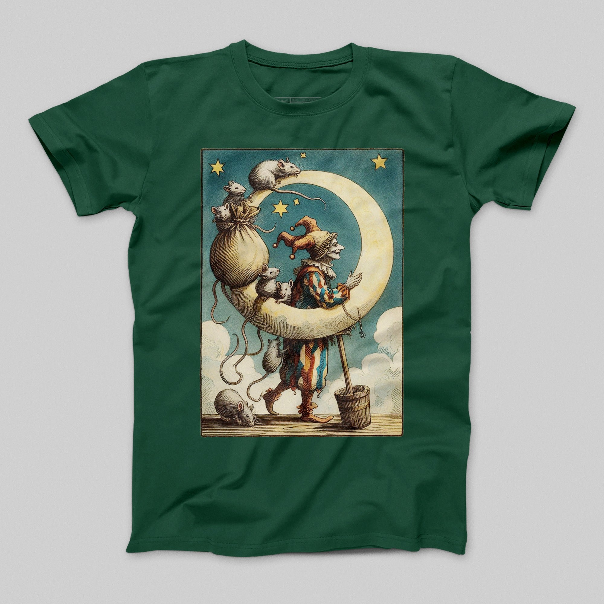 Whimsical Jester with Mice and Moon Design T-shirt
