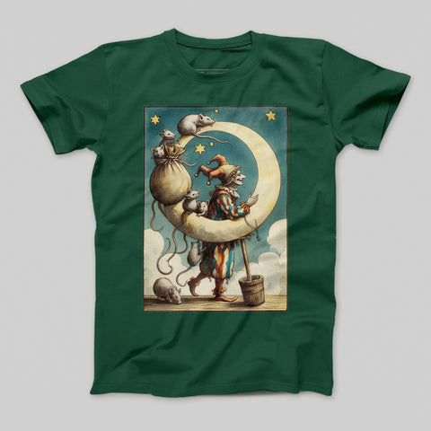 Whimsical Jester with Mice and Moon Design T-shirt