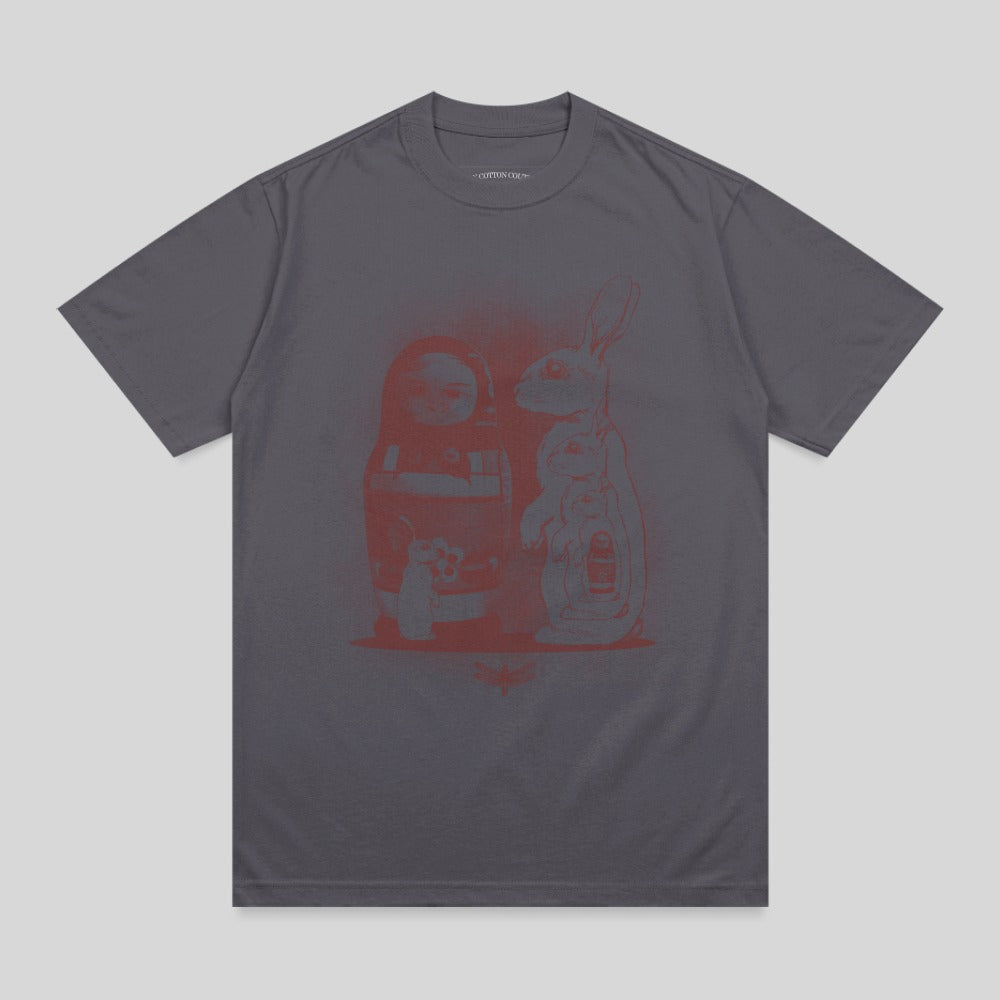 Gray t-shirt with nesting dolls and rabbit graphic printed in red.