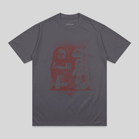 Gray t-shirt with nesting dolls and rabbit graphic printed in red.