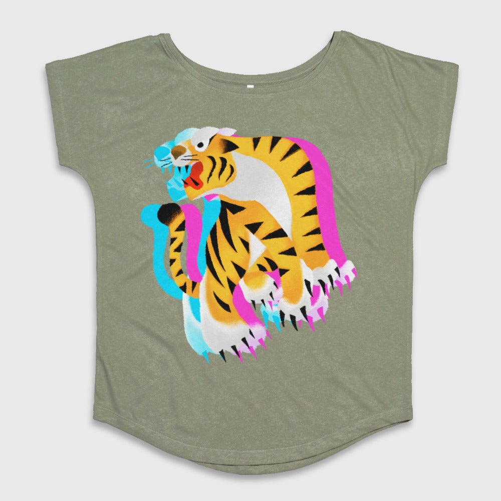 Colorful Tiger Graphic Olive T-Shirt for Bold Statements