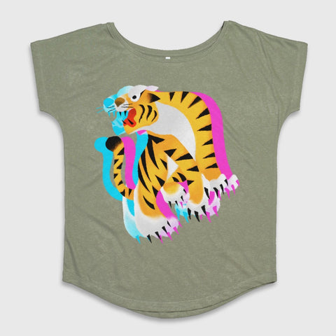 Colorful Tiger Graphic Olive T-Shirt for Bold Statements
