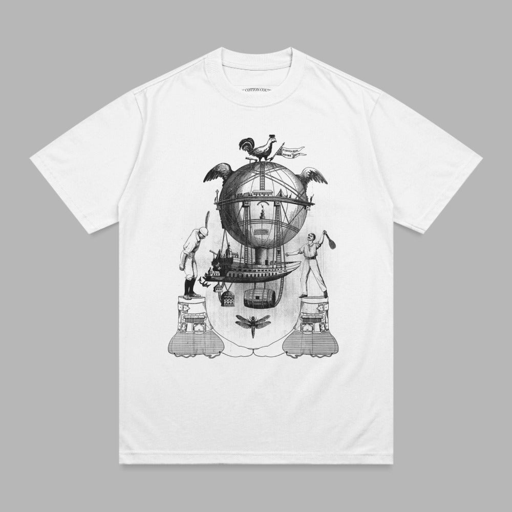 Illustration of a hot air balloon, a rooster, and a dragonfly on a t-shirt.