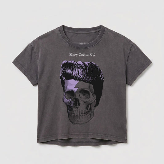 Gray graphic t-shirt with a skull and purple lightning bolt.