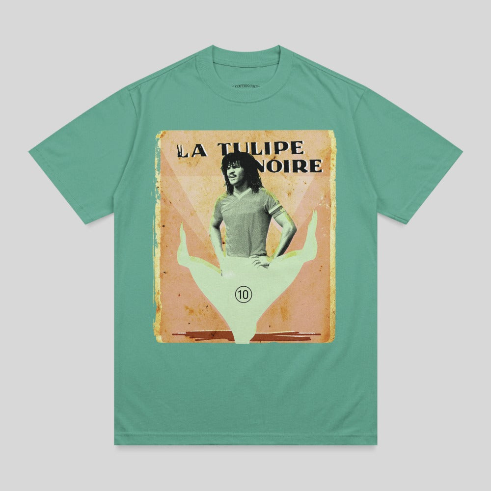 T-shirt graphic with vintage poster art of a man and "LA TULIPE NOIRE" text.