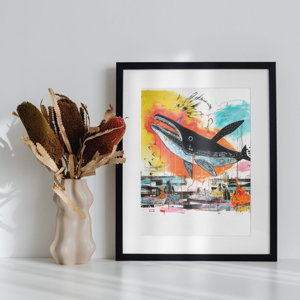 Colorful Abstract Whale Art Framed Wall Decor